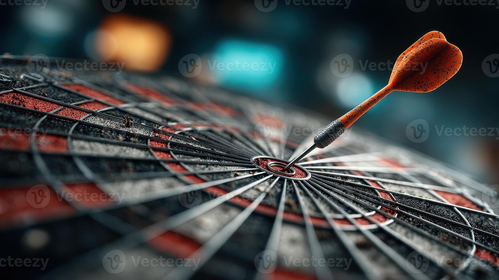 Dart hitting bullseye on a traditional dartboard in a competitive game setting at a vibrant pub photo