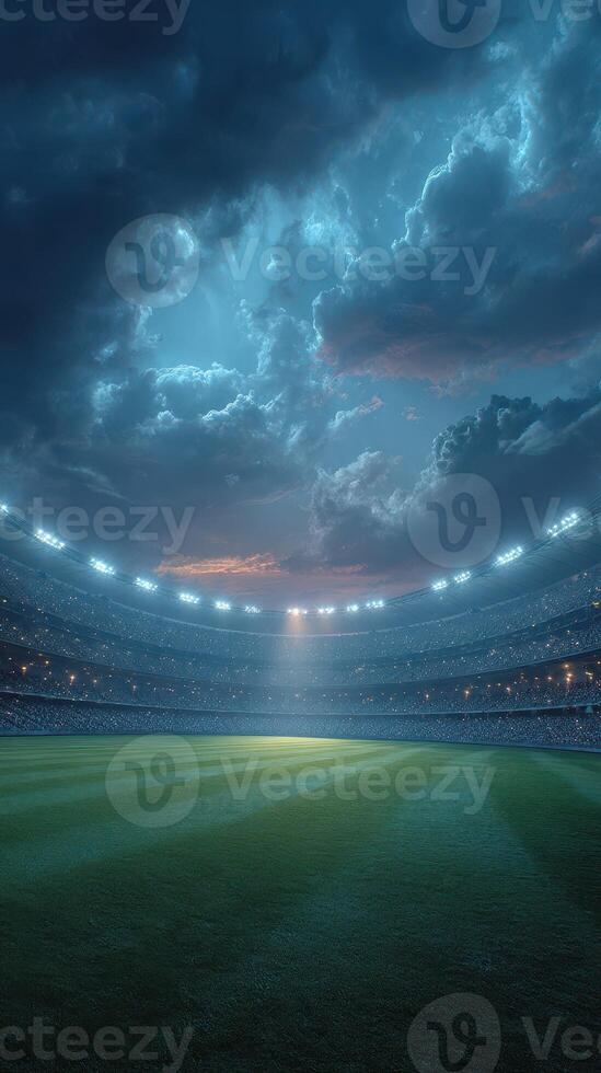 Stadium under a dramatic sky with bright lights illuminating the empty field during evening hours photo