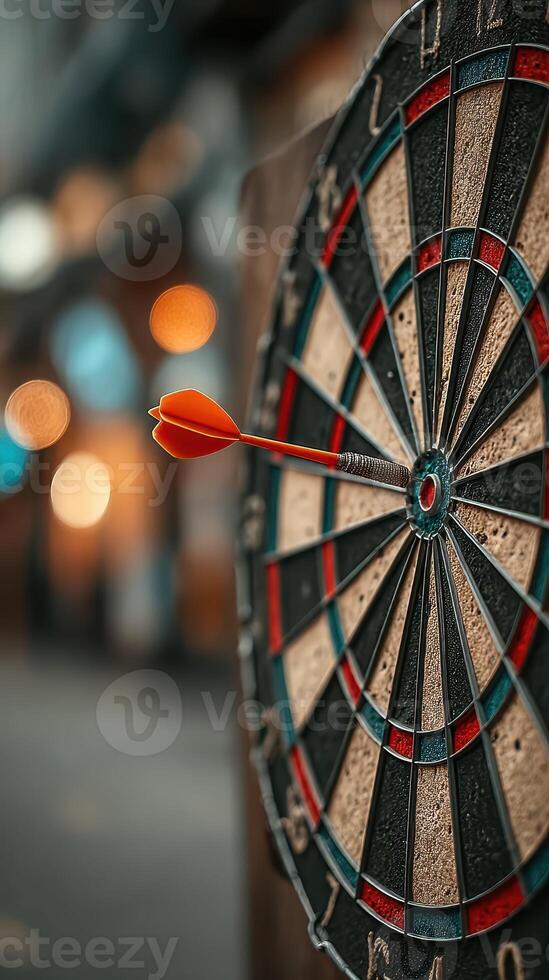 Dart hitting the bullseye on a vintage dartboard in a lively pub atmosphere during the evening photo