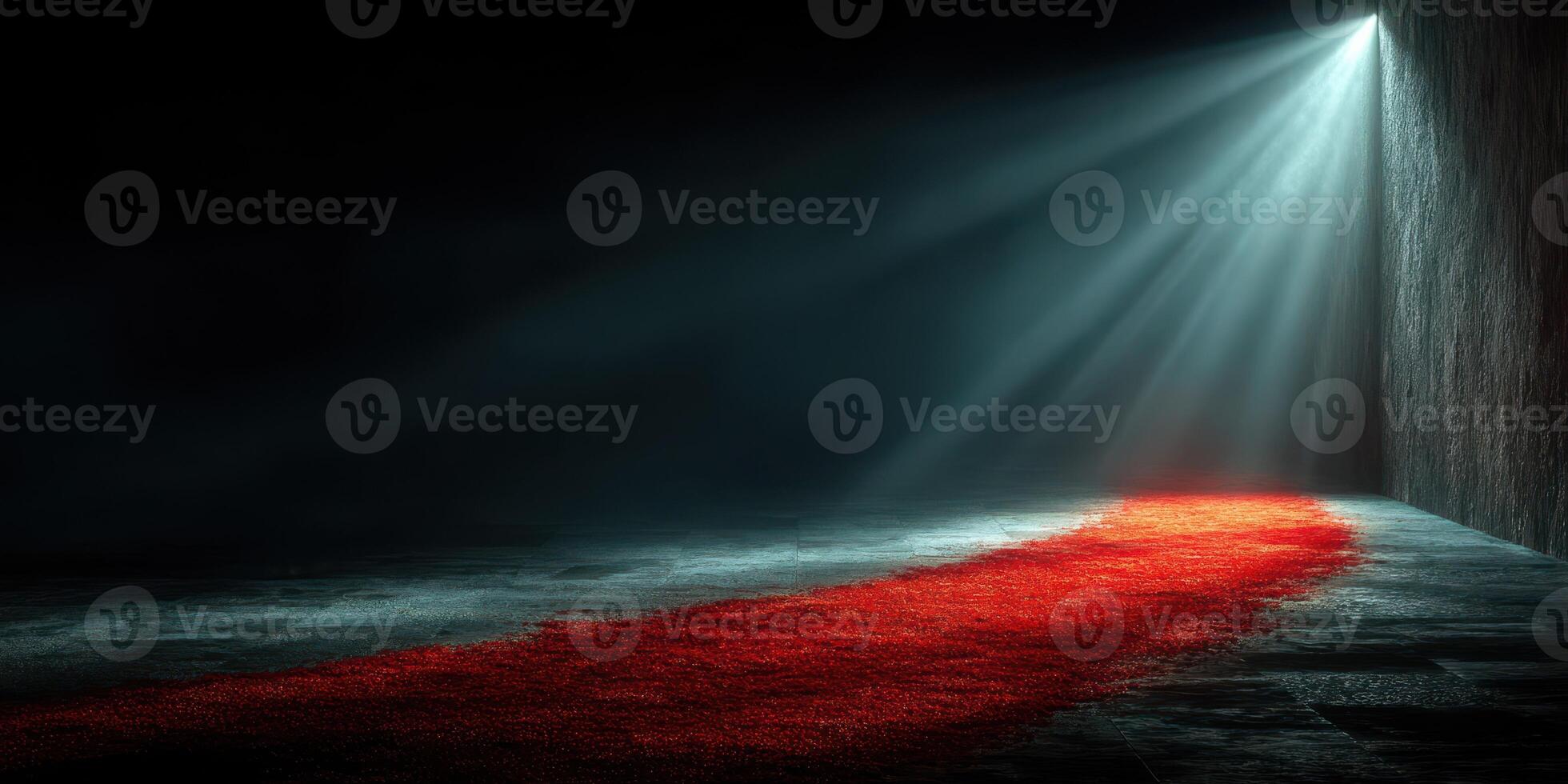 Dark alley with mysterious red light illuminating a pathway and creating an eerie atmosphere photo