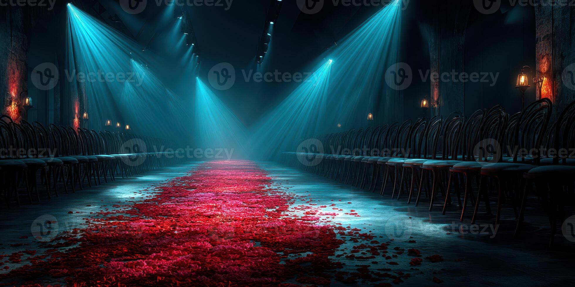 Elegant runway with illuminated lights and rose petals arranged along the center at a fashion event photo