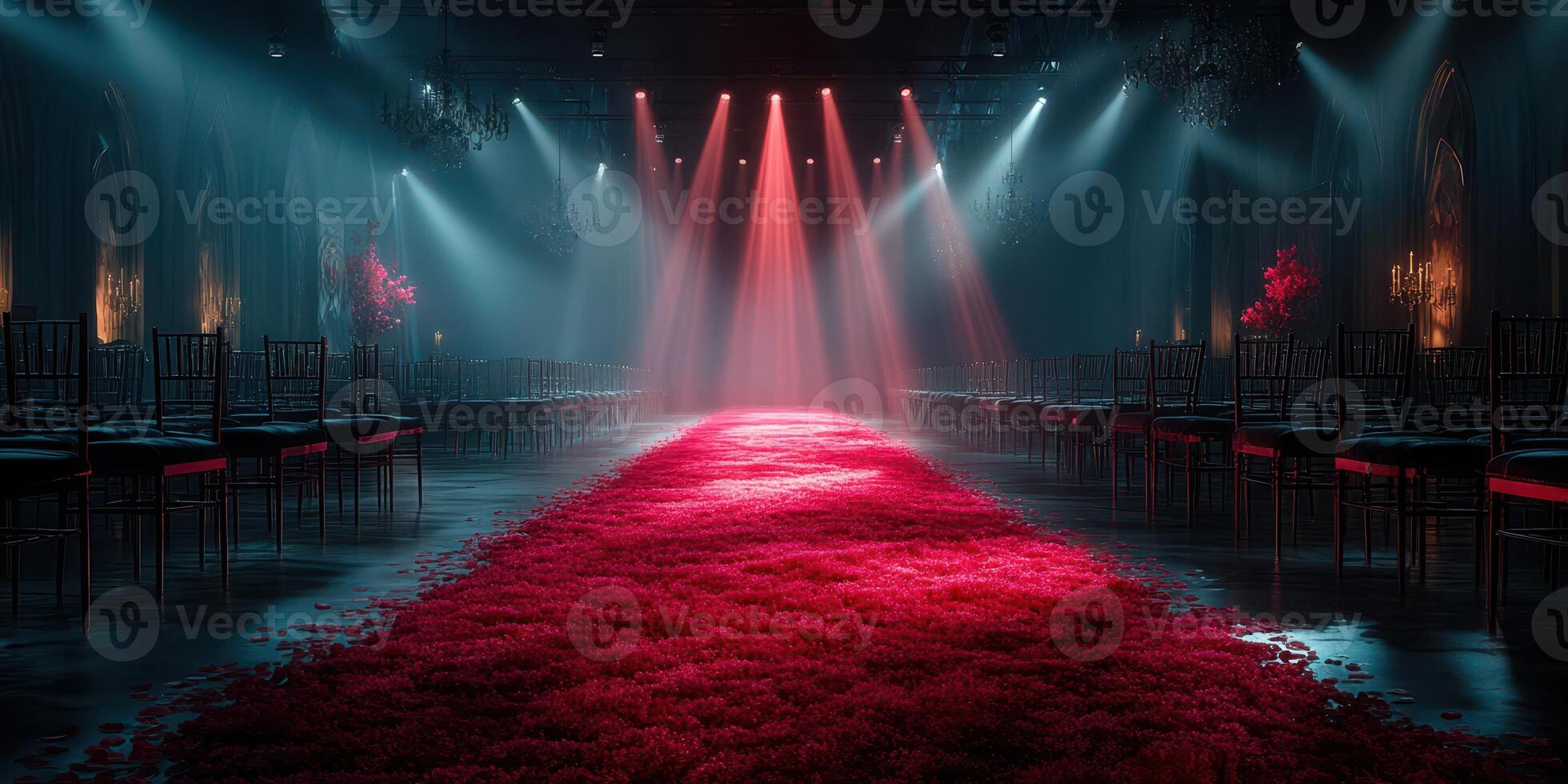 Romantic venue with red carpet and dramatic lighting creates an enchanting atmosphere for special events photo