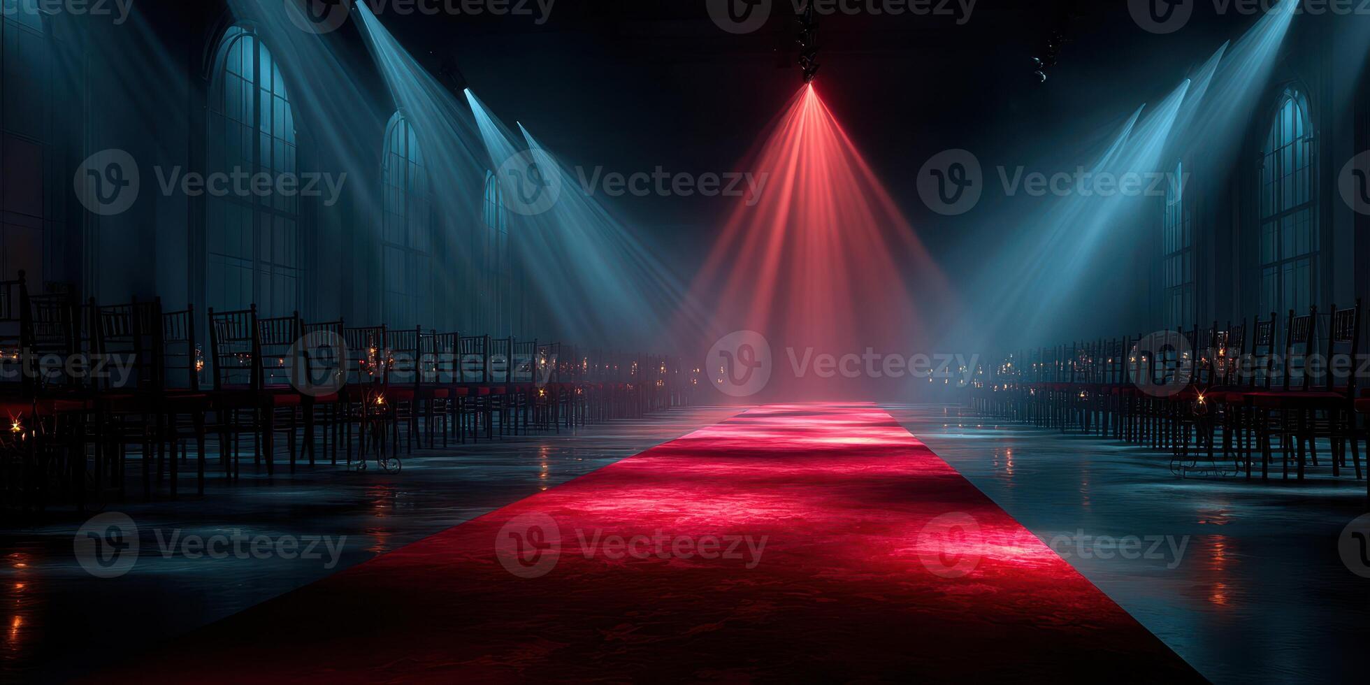 Dramatic red carpet setup in an elegant venue with atmospheric lighting before an event photo