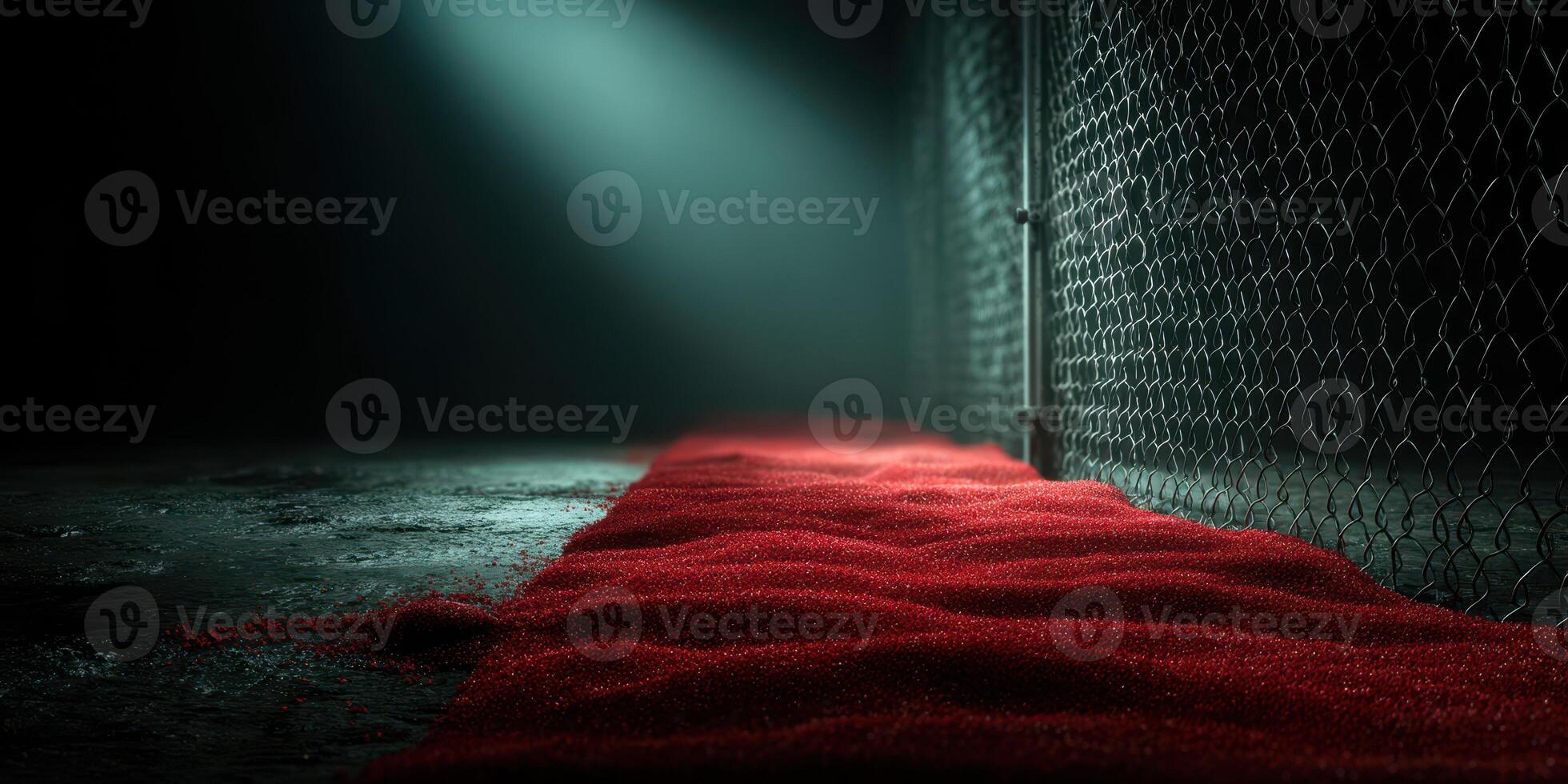 Dark corridor with a red carpet leading to a chain-link fence in an abandoned space at night photo