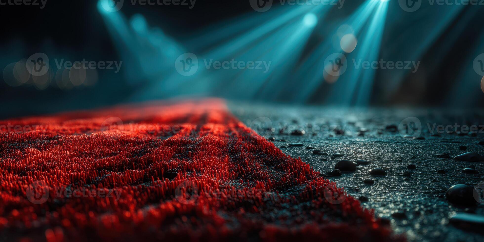 Bright red carpet welcomes guests at night event with vibrant lights illuminating the venue photo