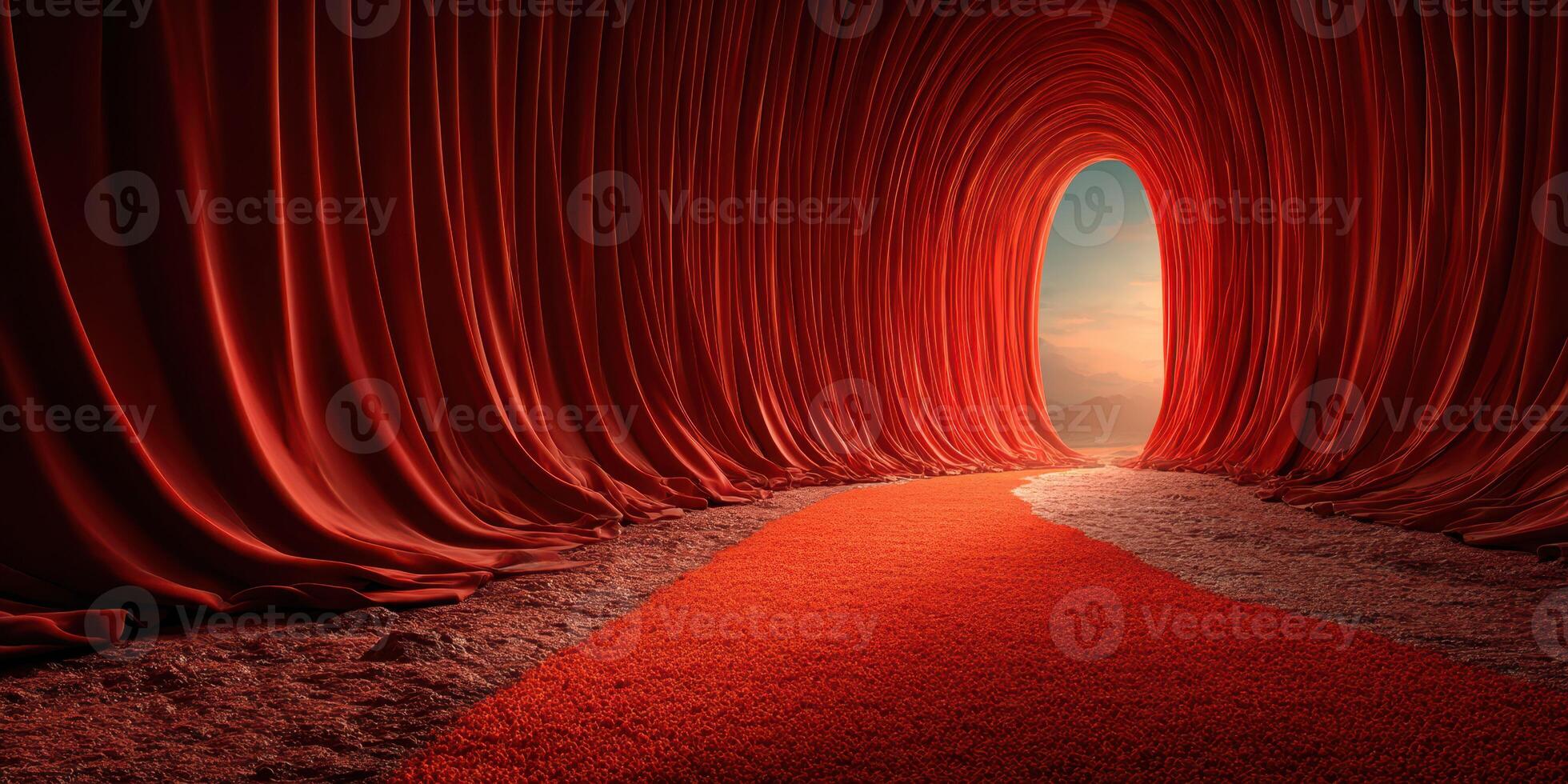 Vibrant red tunnel leading to serene landscape at sunset, creating an inviting surreal atmosphere photo