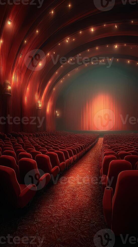 Elegant red theater interior with plush seating and dramatic stage lighting before a performance begins photo
