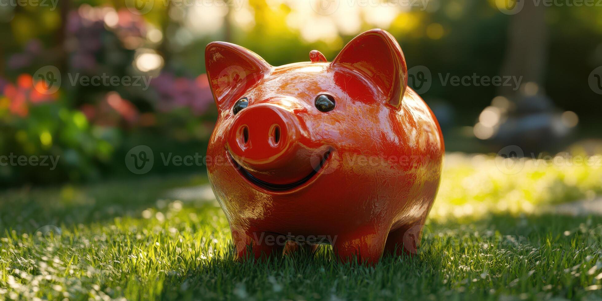 Colorful ceramic pig statue in a sunny garden with vibrant flowers surrounding it photo