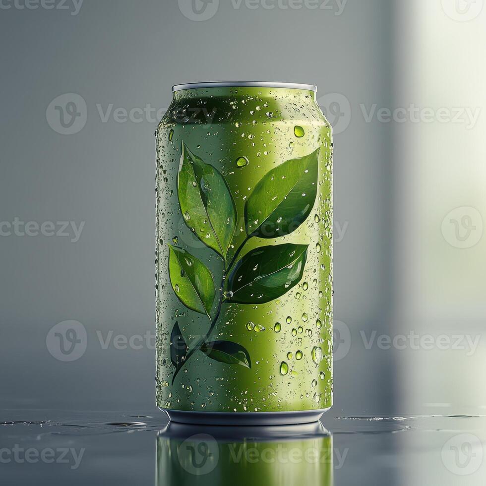 Meticulously designed green beverage can with water droplets on a shiny surface indoors at midday photo