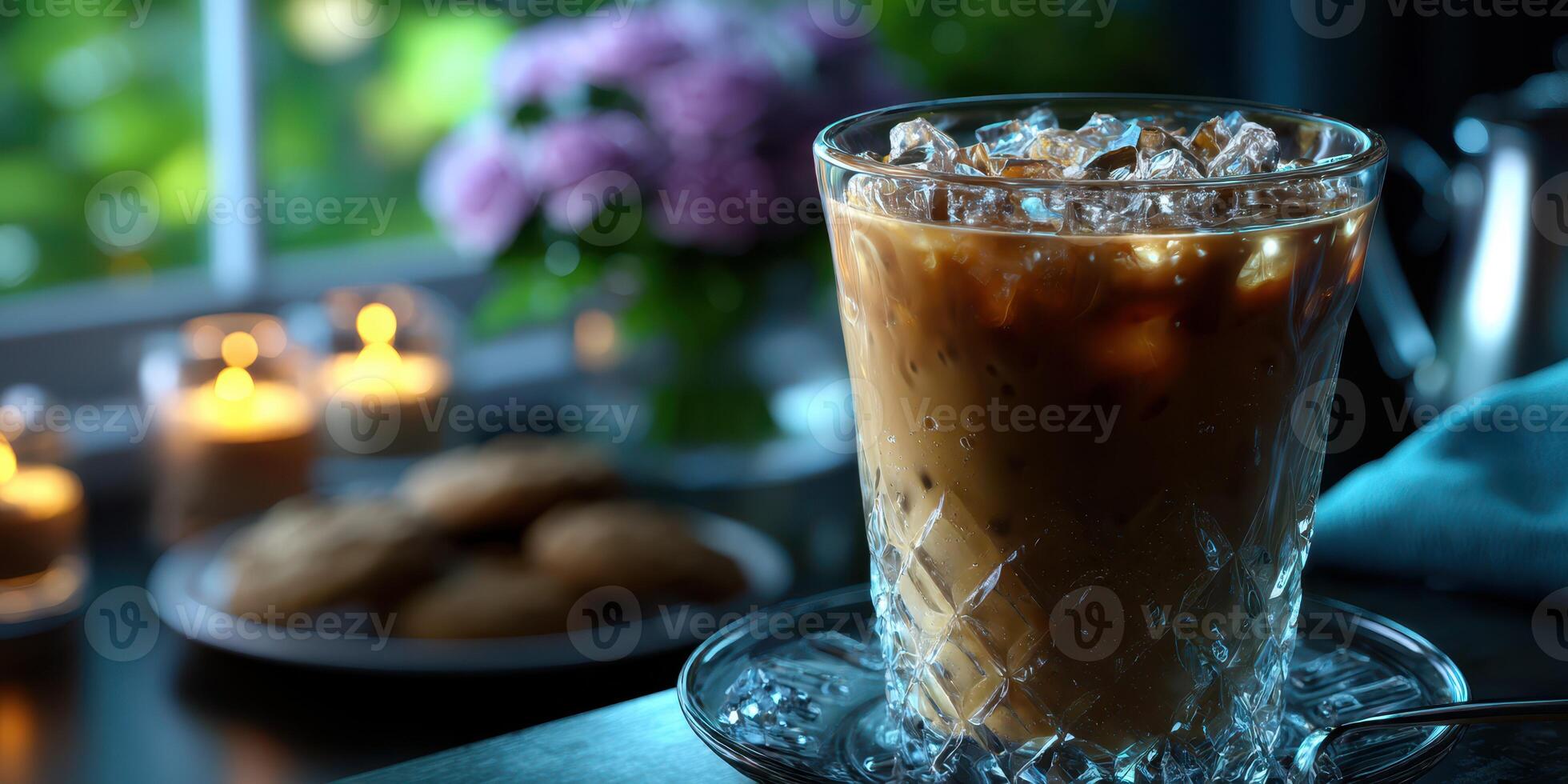 Refreshing iced coffee placed on a table with cookies and candles during a cozy afternoon gathering photo