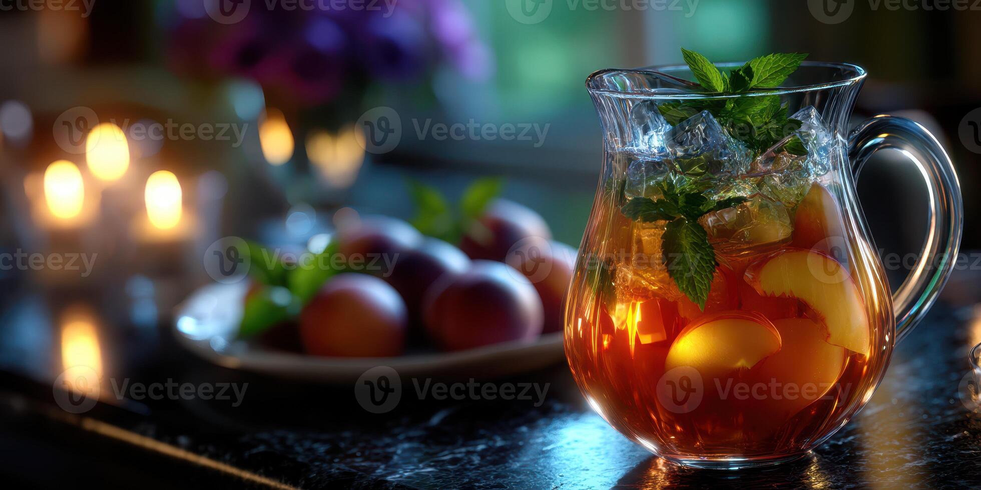 Refreshing iced tea served in a glass pitcher with fresh fruit and mint on a dark countertop during a cozy evening photo