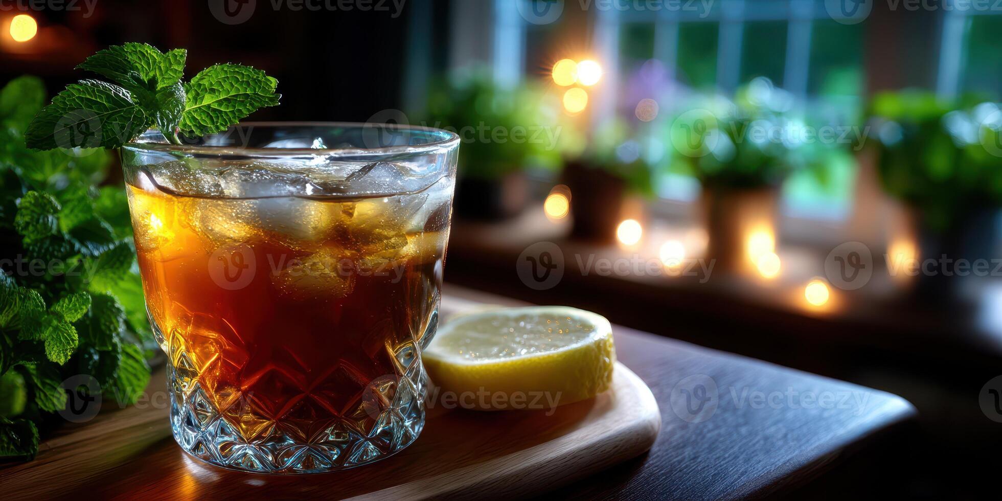 Refreshing iced tea drink with mint and lemon slice on wooden serving board in a cozy indoor setting during evening hours photo