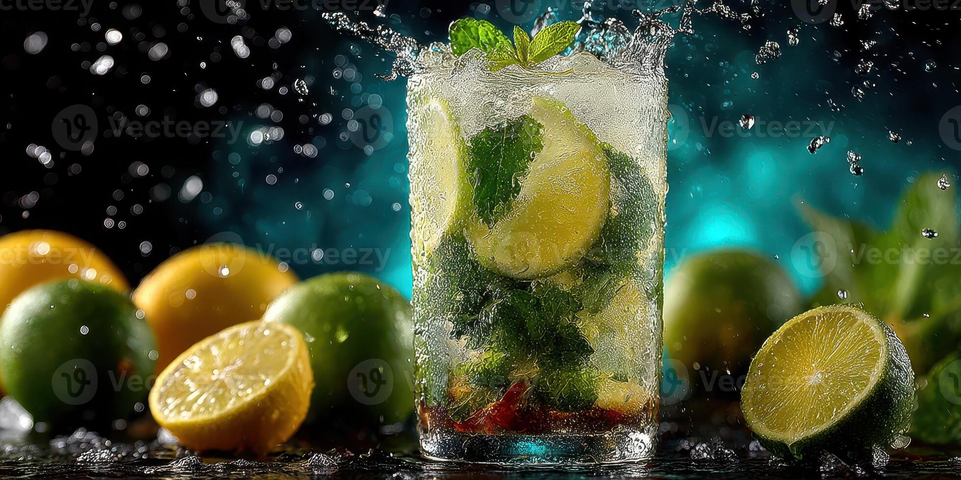 Refreshing mojito with fresh mint and citrus splashes in vibrant setting with colorful fruits photo