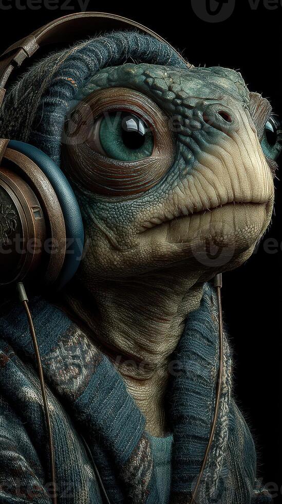 Unique creature wearing headphones and a sweater in a dark, artistic setting with vivid details in its expression photo