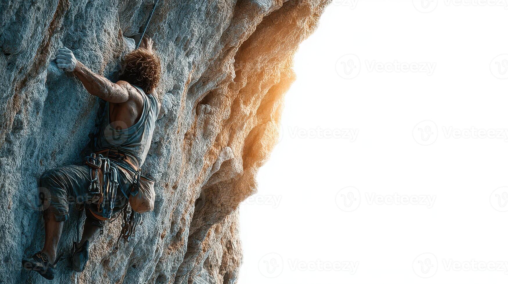 Rock climber scaling a rugged cliff face at sunset in a natural outdoor setting photo