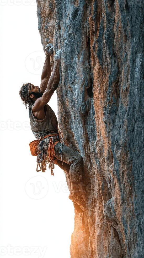 Rock climber ascends steep cliff at sunset in dramatic display of strength and skill photo