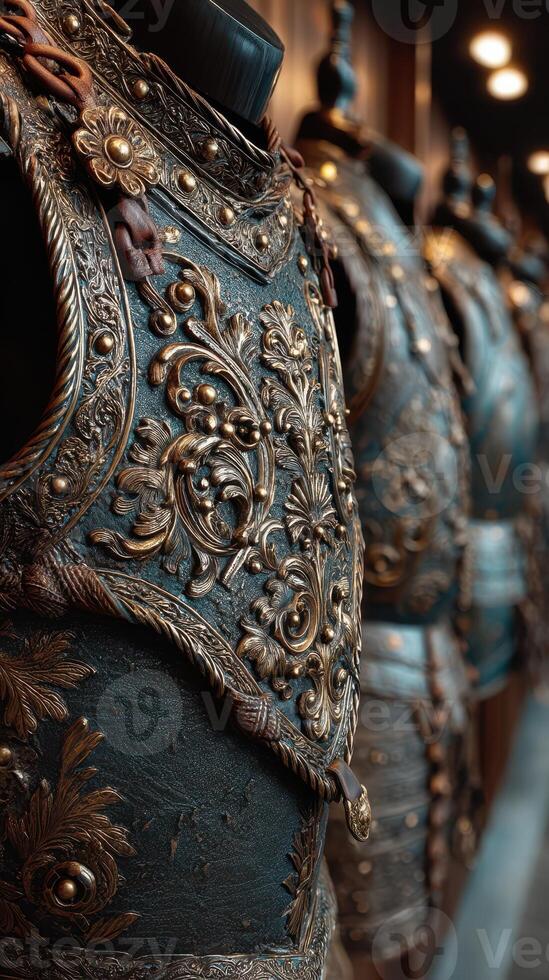 Intricate antique armor on display in a museum, showcasing craftsmanship and historical significance of past eras photo