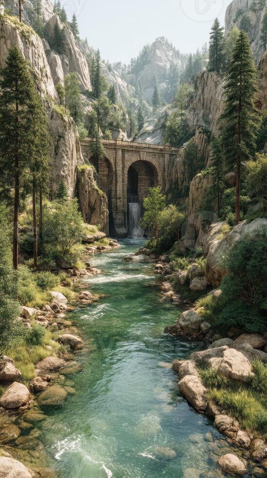 Majestic mountain landscape with flowing river and historic dam surrounded by lush greenery and rocky cliffs photo