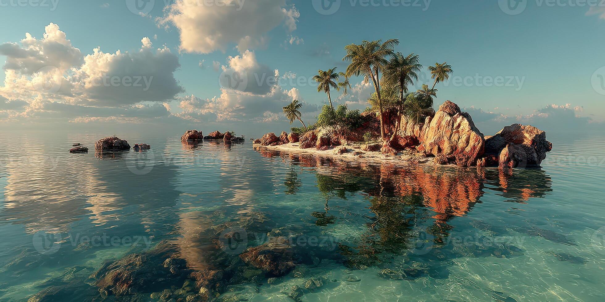 Serene tropical island with clear waters and fluffy clouds reflecting in the early morning light photo
