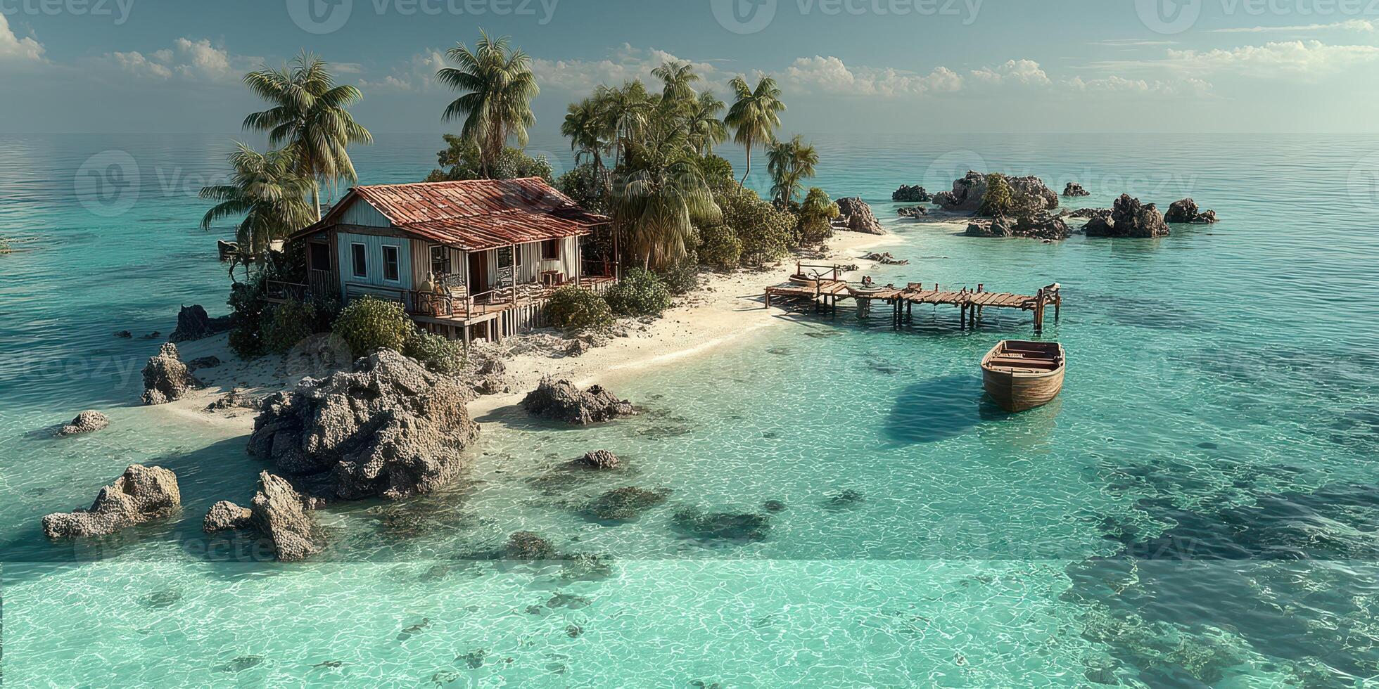 Cozy island retreat near calm blue waters with a wooden boat and lush palm trees in the background photo