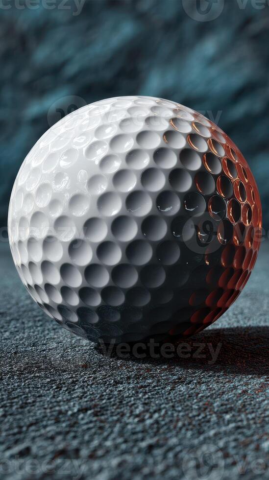 Close-up view of a textured golf ball resting on a dark surface with soft lighting highlighting its dimples and contours photo