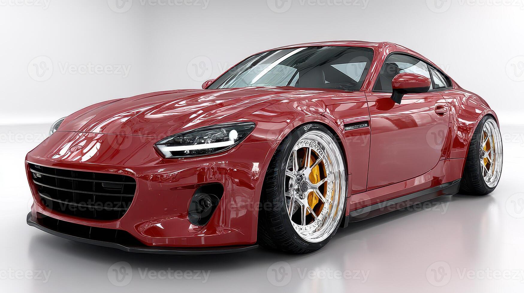 Sleek red sports car showcased in a studio with a polished surface reflecting bright lights and showcasing intricate details photo