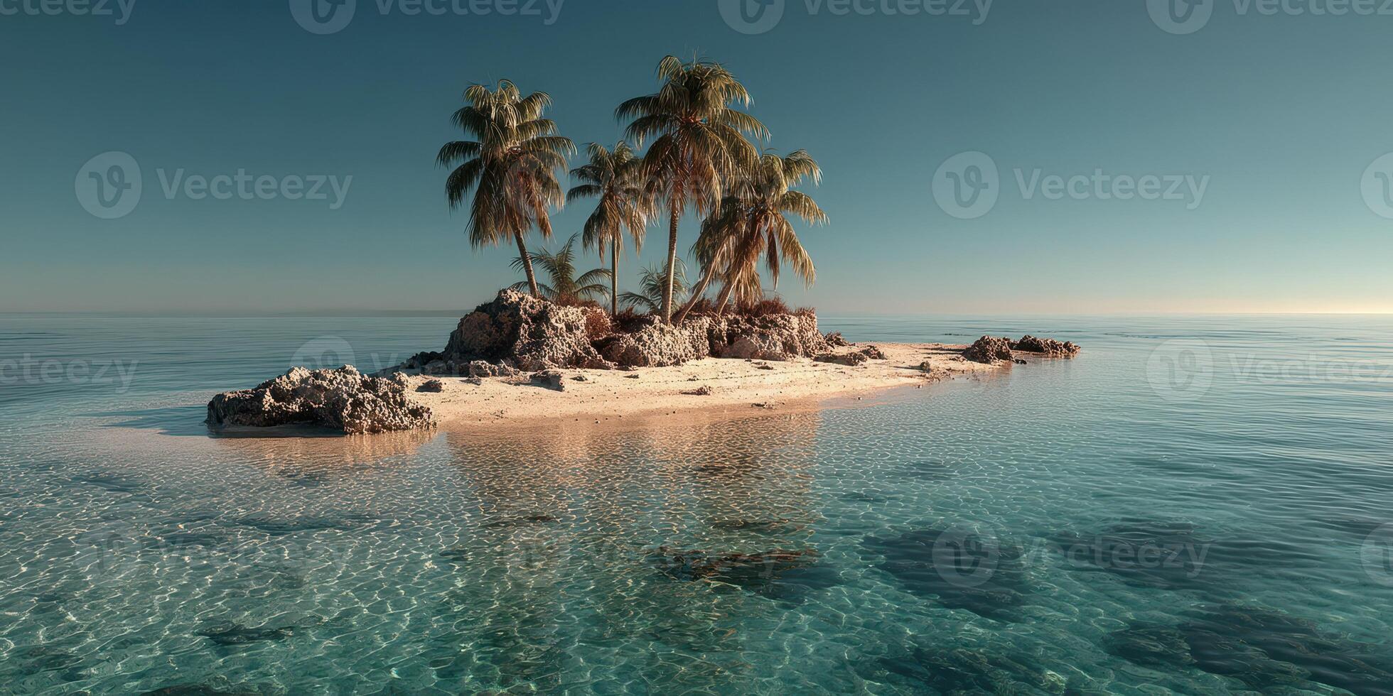 Tropical island with palm trees surrounded by calm blue waters on a clear day in the afternoon photo