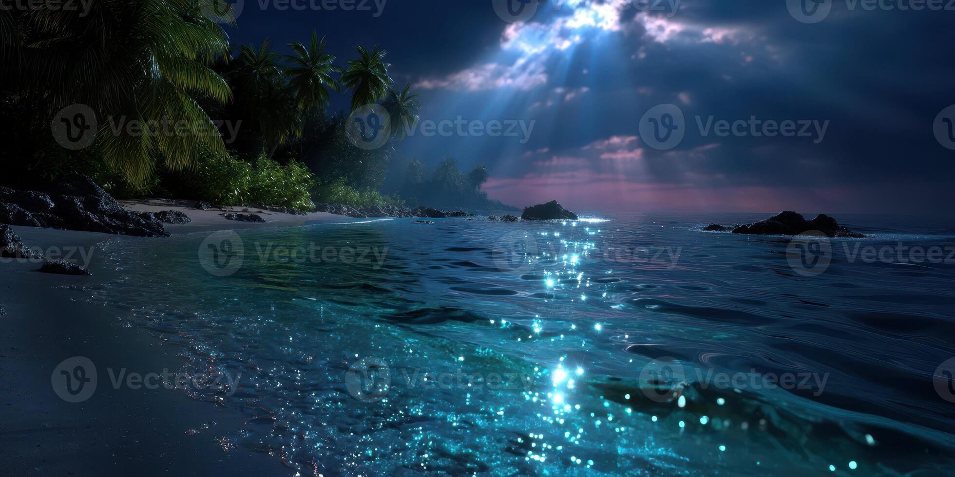 Moonlight reflects on tranquil ocean waves near a tropical beach surrounded by palm trees photo