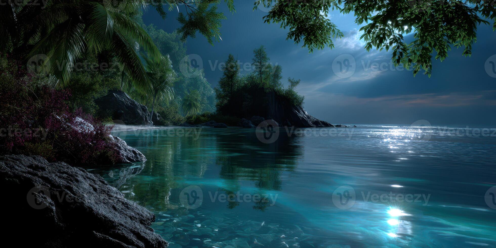 Calm waters reflect moonlight at a serene coastal location surrounded by lush greenery and rocky shores in the evening photo
