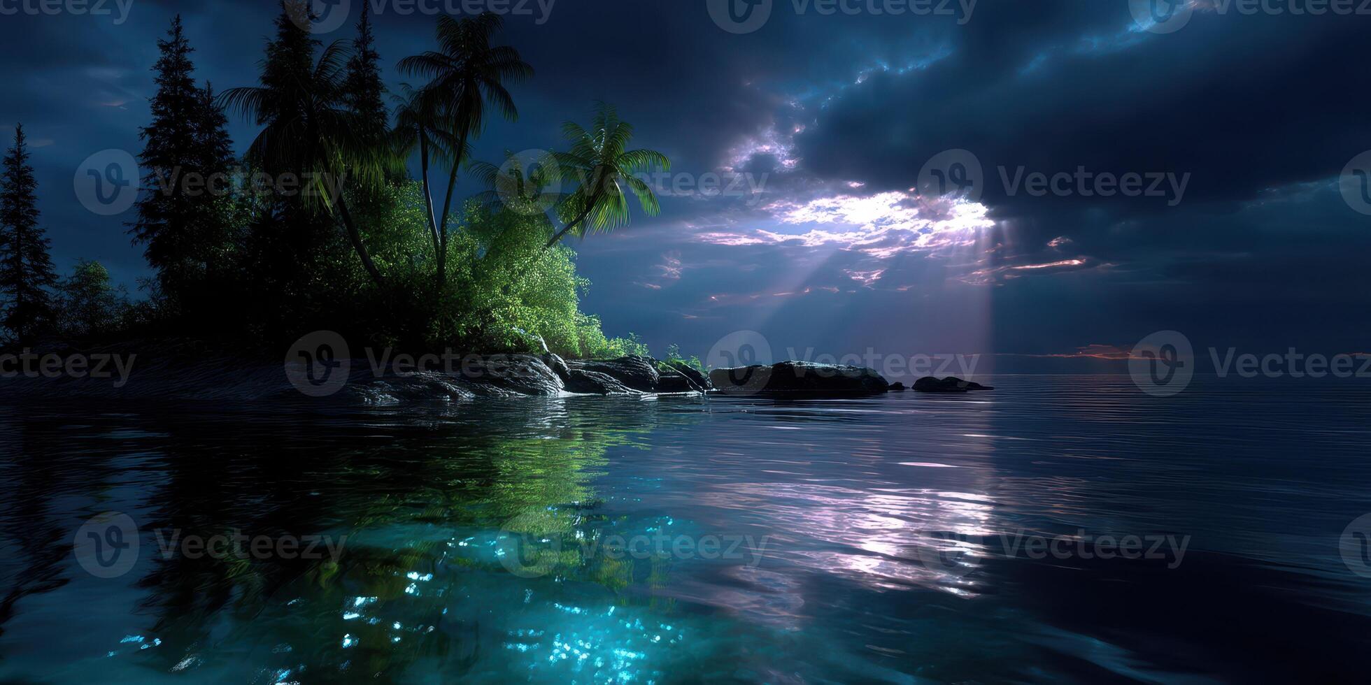 Serene twilight over a calm ocean with tropical island and reflection of clouds photo