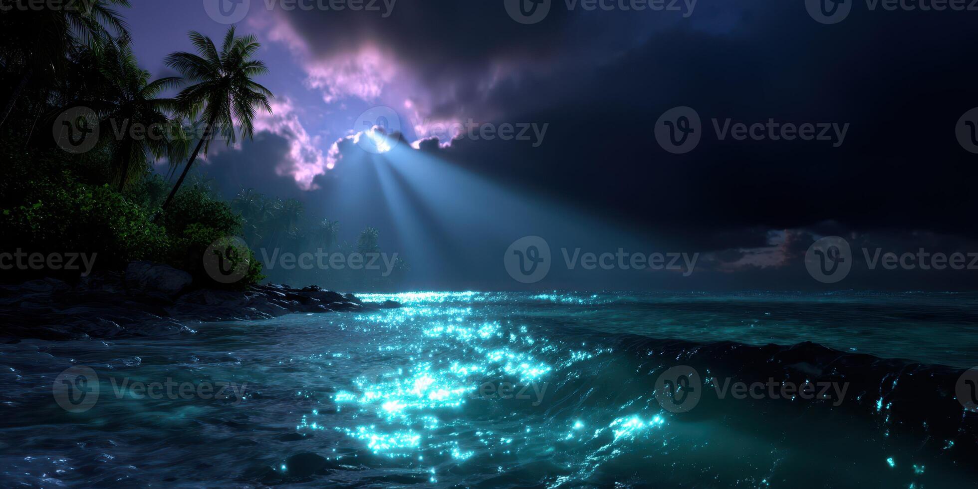 Serene nighttime ocean view with illuminated waves and dramatic clouds in a tropical setting photo