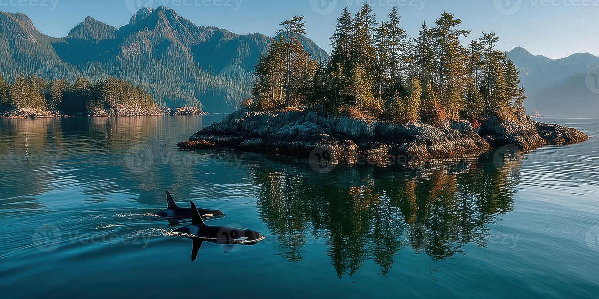 Orcas swimming near a beautiful island surrounded by mountains in the early morning light photo