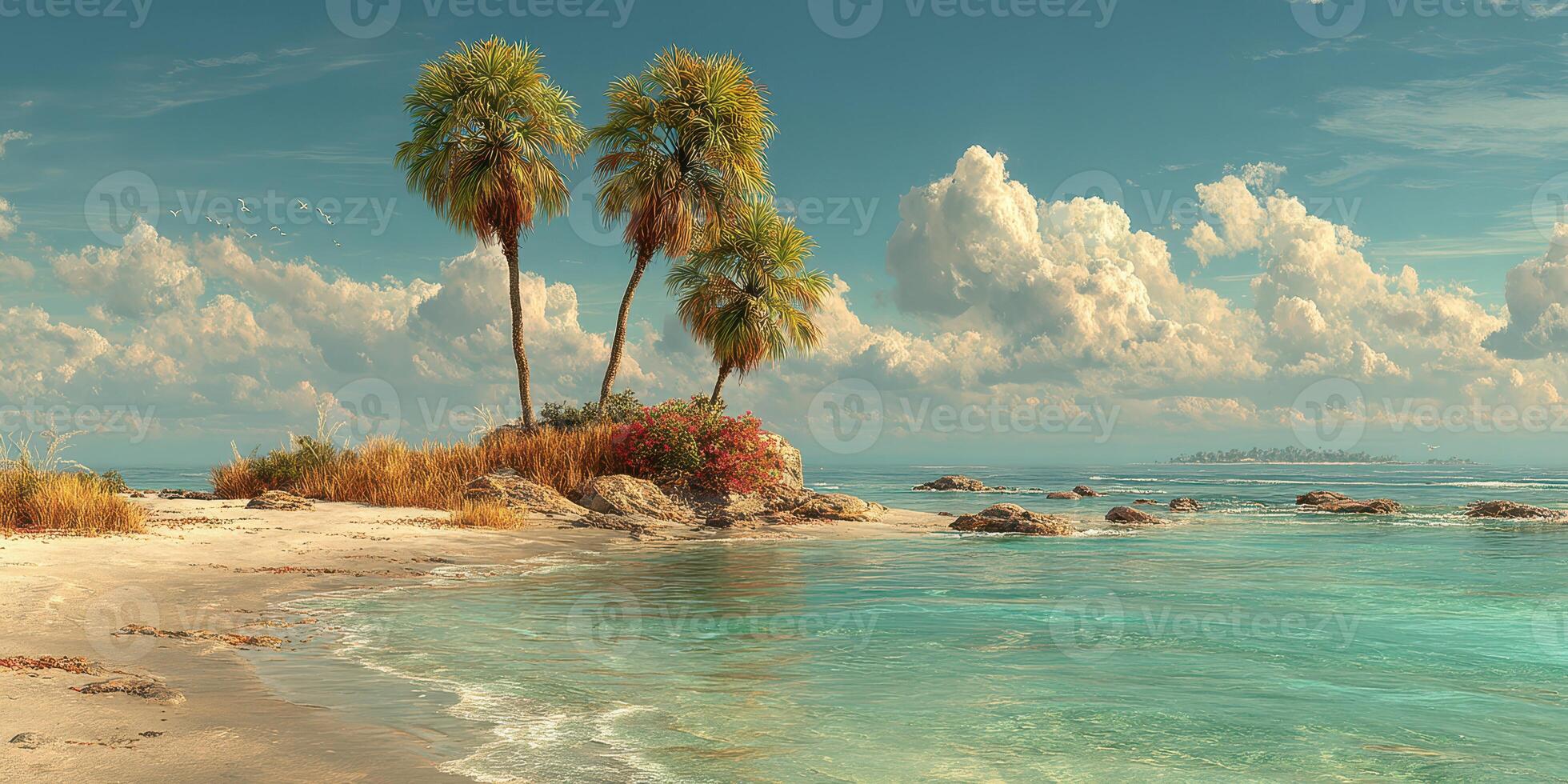 Coastal scene featuring palm trees, tranquil waters, and fluffy clouds captured at a serene beach location in midday sunlight photo