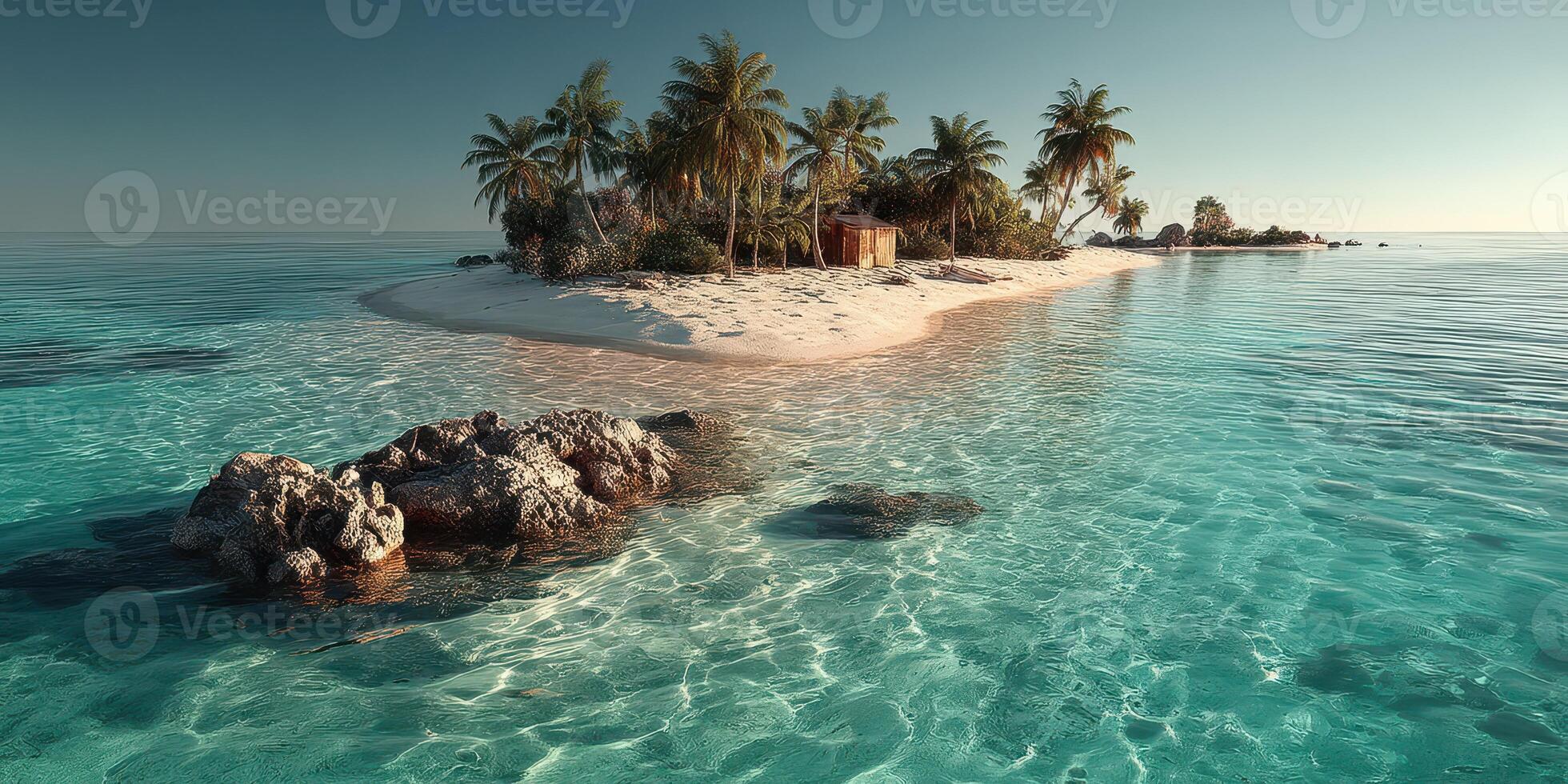 Tropical island landscape featuring palm trees, clear turquoise waters, and a sandy shoreline in a serene environment photo