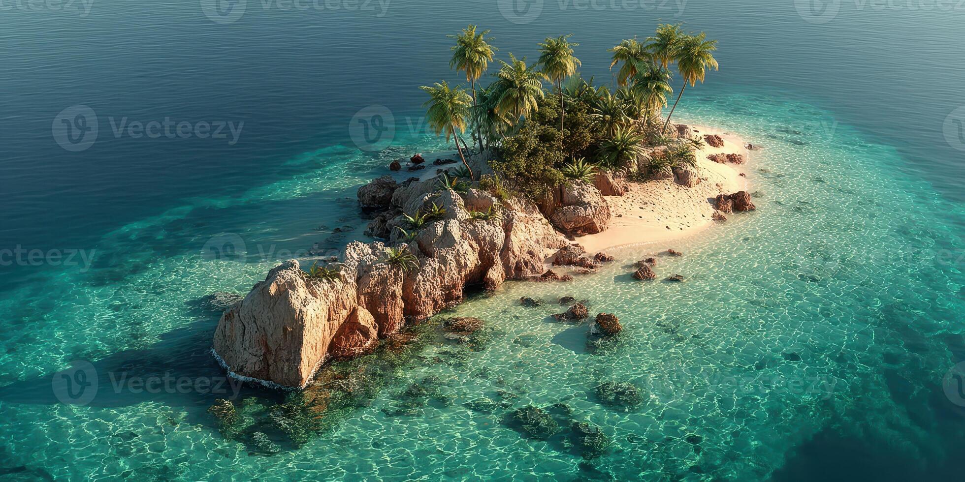 Tropical island surrounded by clear waters with palm trees and rocky shoreline photo