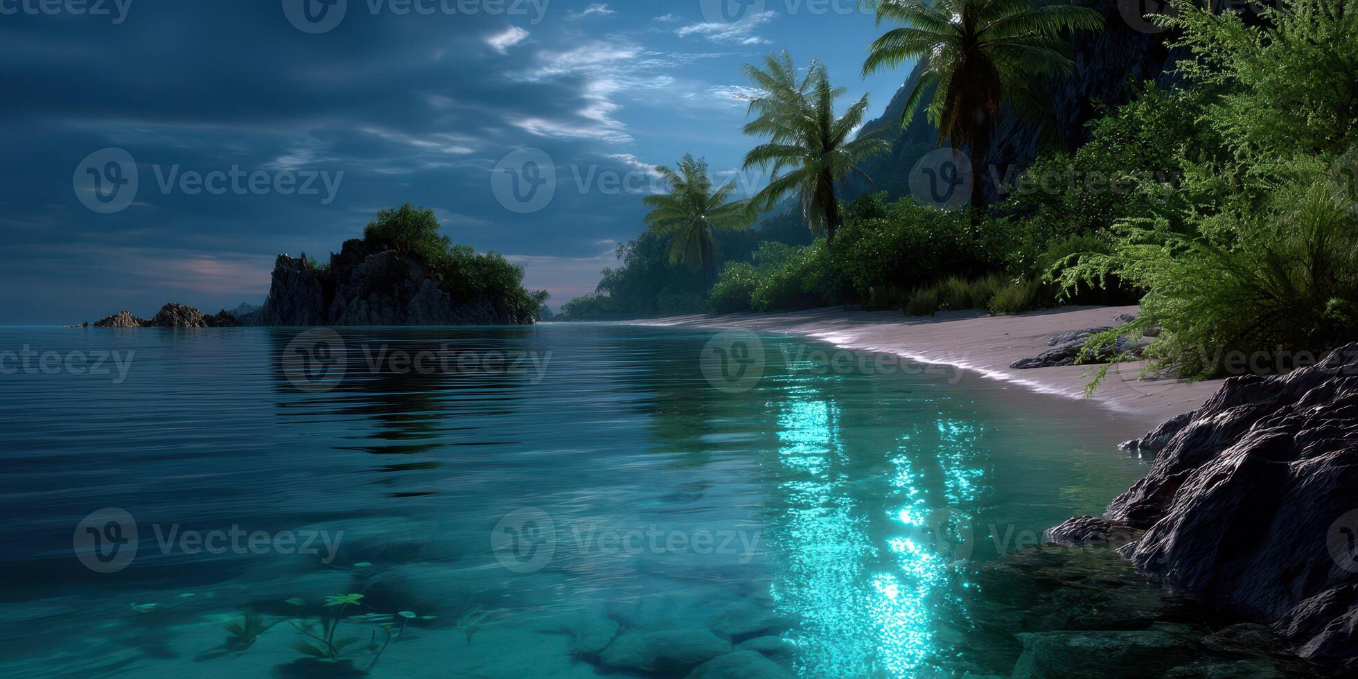 Tranquil coastal landscape with clear waters, lush vegetation, and a serene atmosphere at dusk photo