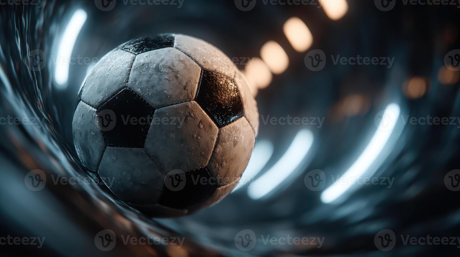 Soccer ball rolling through a dark tunnel with glowing lights in the background during a lively match atmosphere photo