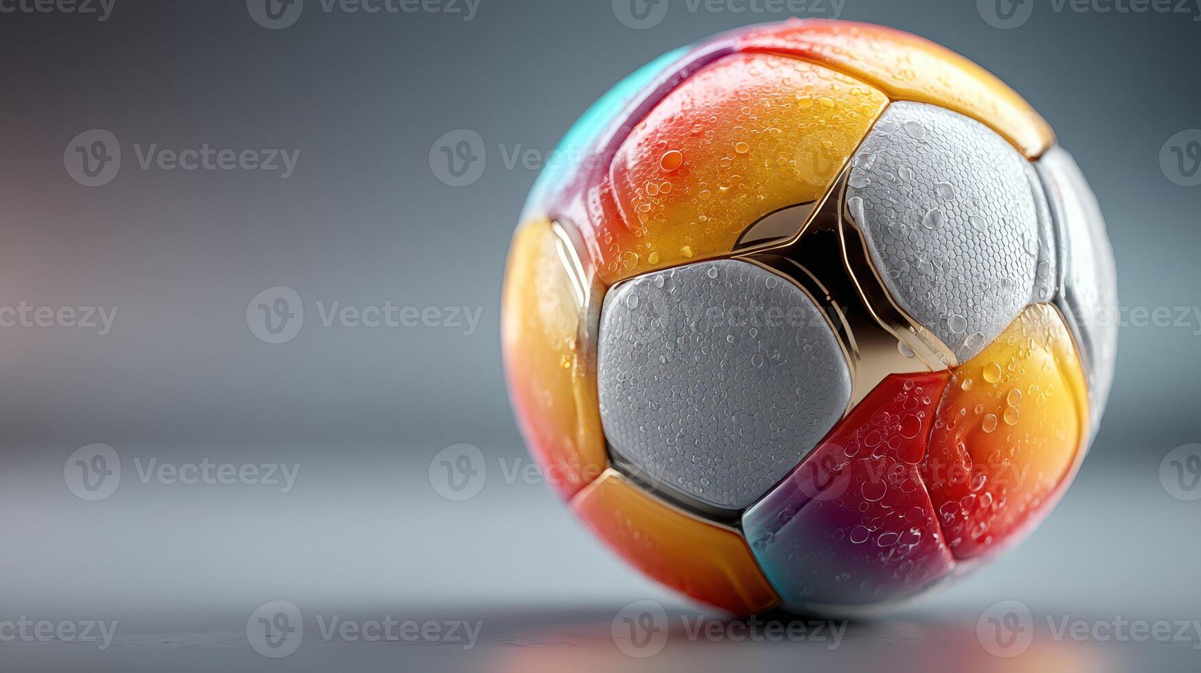Colorful soccer ball resting on a wet surface before a match in the early morning light photo