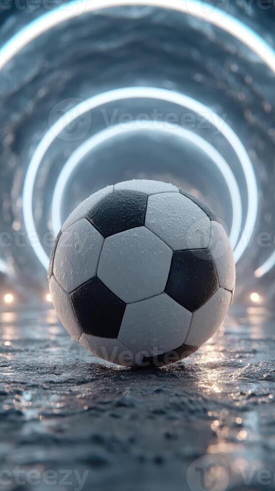 Soccer ball resting on wet surface in illuminated tunnel during late evening or night photo