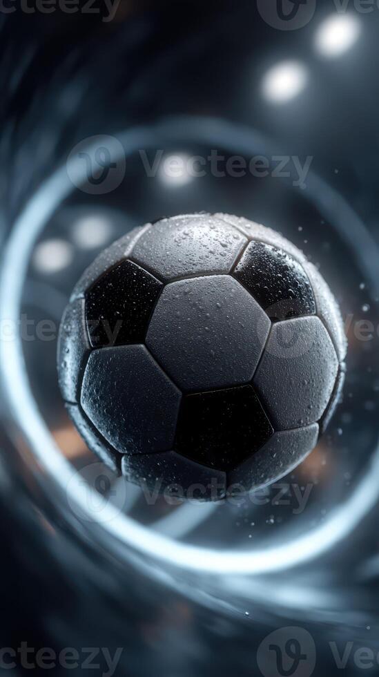 Soccer ball emerging from a swirling vortex in a dynamic, energetic setting during a game photo