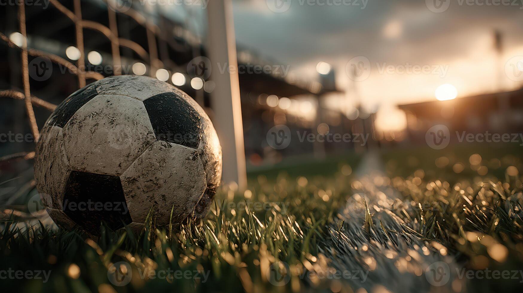 Sunset soccer match preparation with a worn ball on the field near the goalpost photo