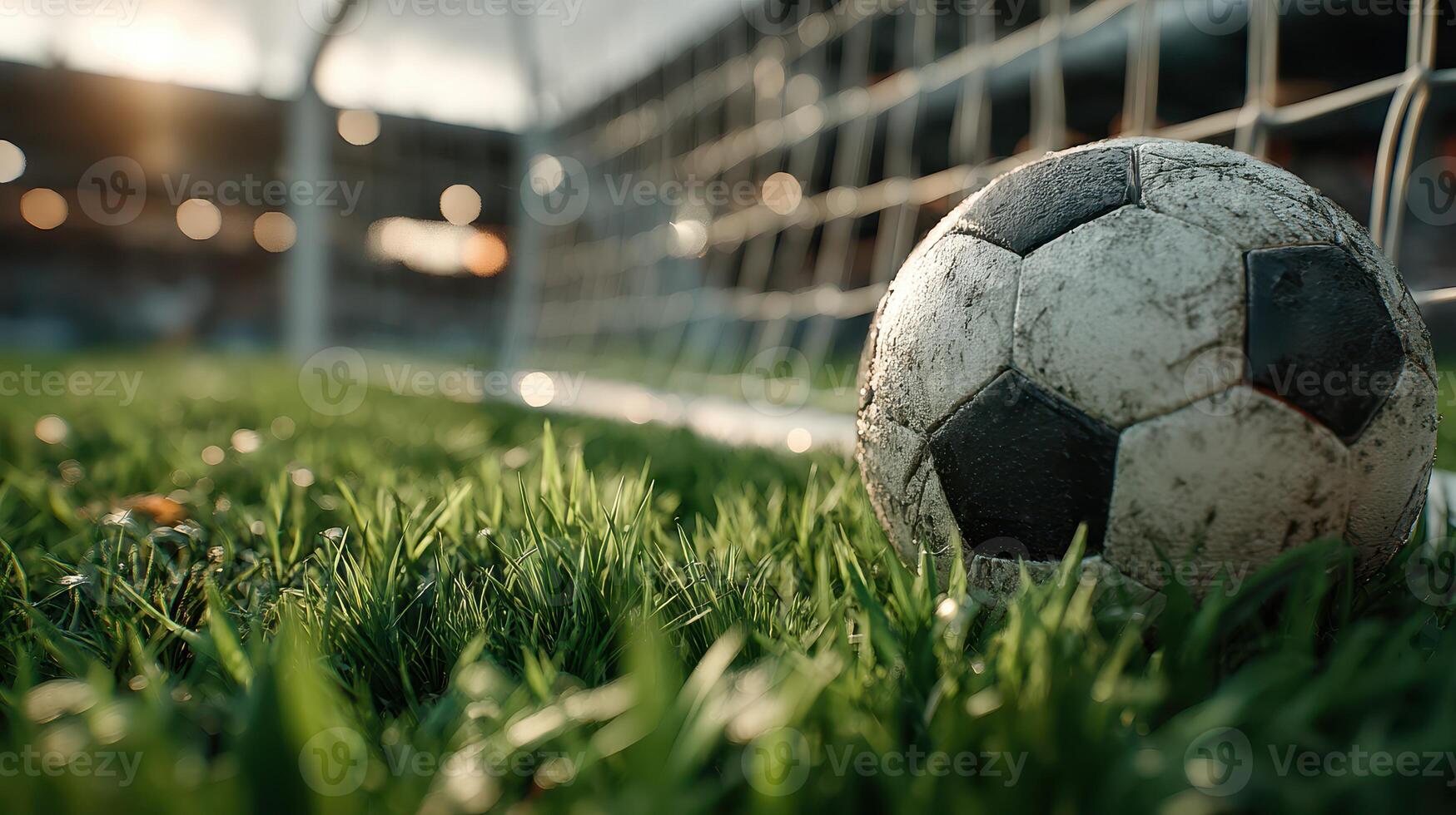 Soccer ball resting on vibrant grass near the goalpost during a late afternoon match at a bustling stadium photo
