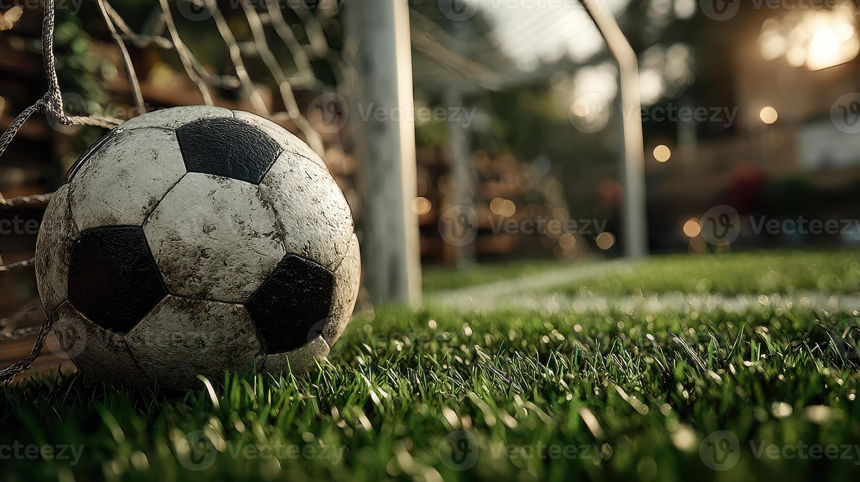 Soccer ball rests near goal post at sunset on a well-maintained field surrounded by greenery and soft lighting photo