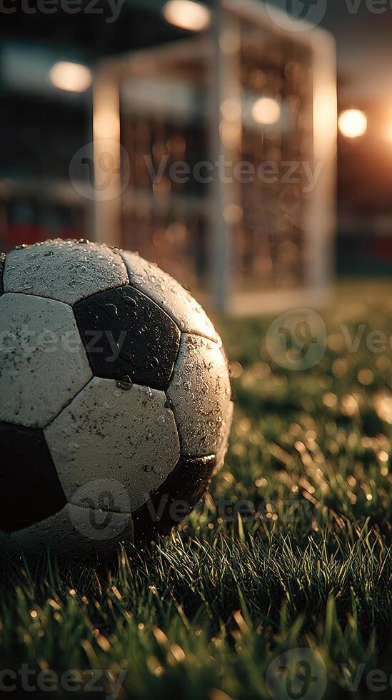 Close-up of wet soccer ball resting on grass near goalpost during sunset, capturing the essence of an outdoor match photo