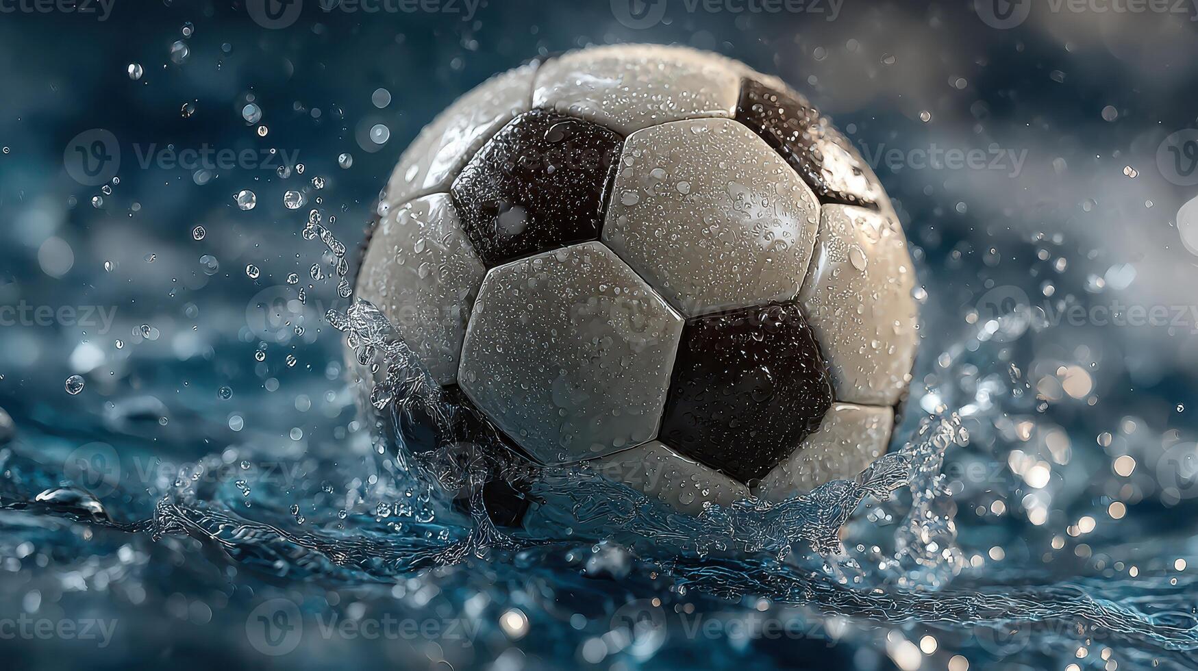Soccer ball splashing in water during a rainy match at sunset in an urban setting photo