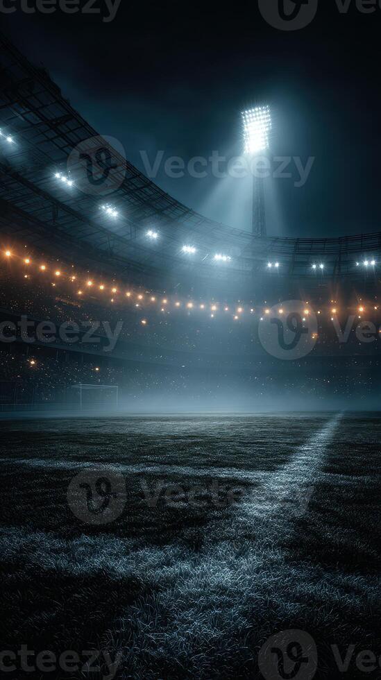 Stadium illuminated at night with glowing lights and fog during a quiet moment in a sports match photo