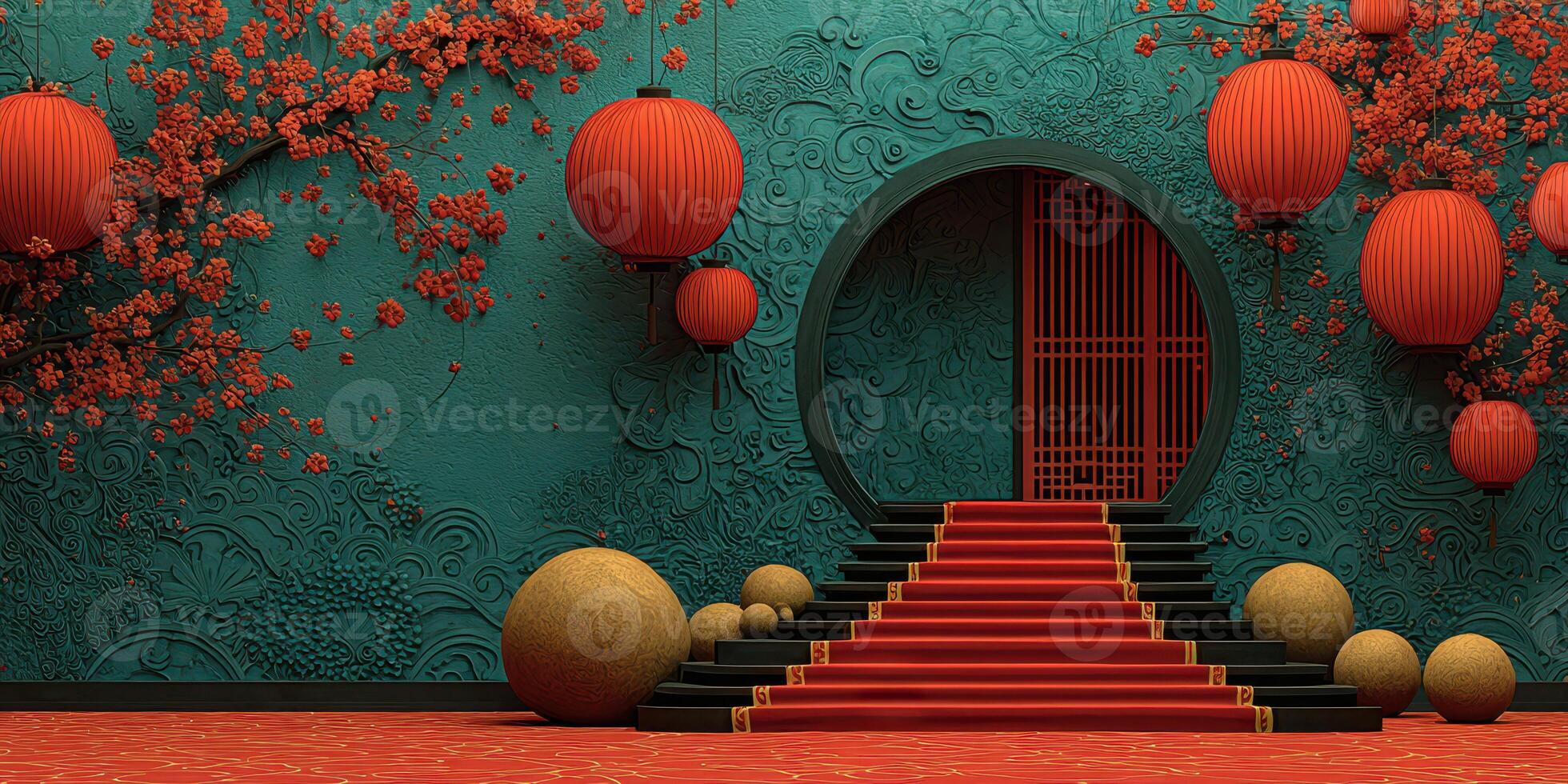 Vibrant red lanterns and textured wall in a traditional setting with decorative steps and floral accents photo