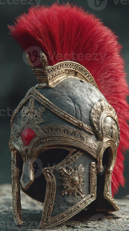 Ancient Roman helmet with red plume showcasing intricate designs and historic craftsmanship photo
