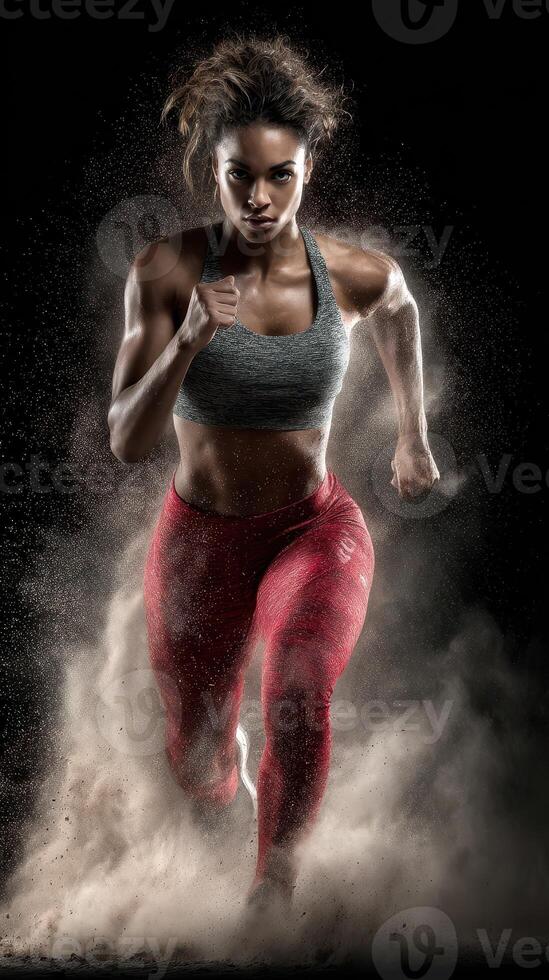 Female athlete running in a dynamic pose, showcasing strength and determination during a training session indoors photo