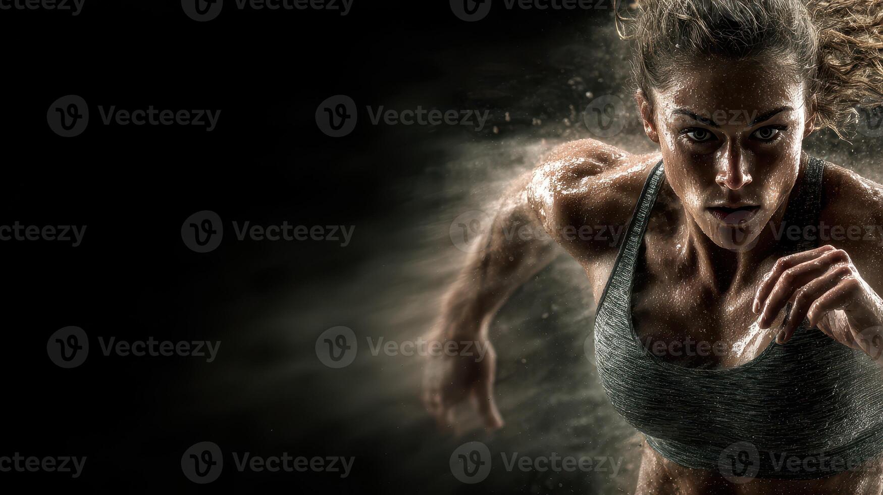 Dynamic female athlete sprinting intensely during a high-energy workout session in a dark, dramatic environment photo